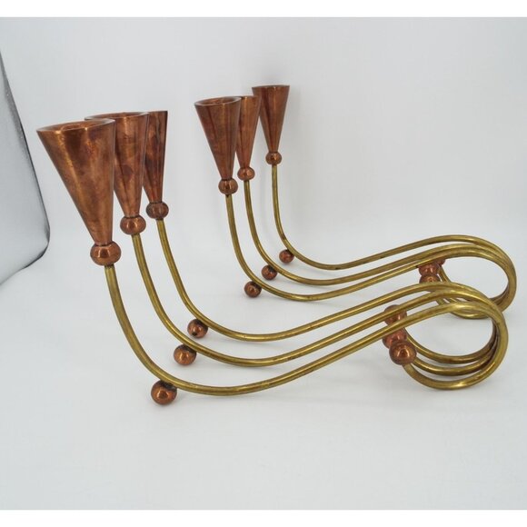 Pair of Vintage MCM 3-Arm Brass and Copper Modernist Candelabras - Picture 3 of 16